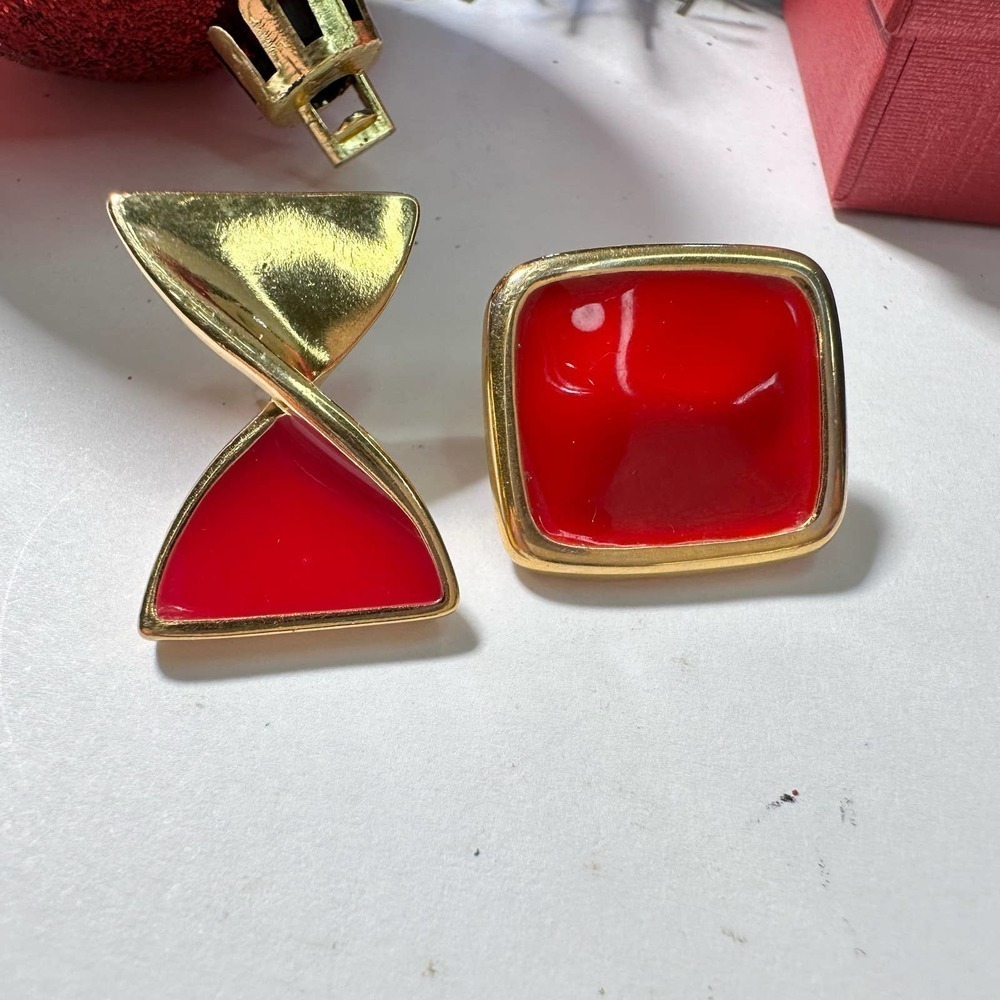 Mismatched One-of-a-Kind Earrings: Vintage Gold + Red Enamel - Square + Bow Tie